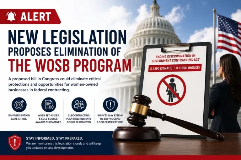 WOSB Program Elimination infographic showing proposed legislation impacting women-owned small businesses and federal contracts.
